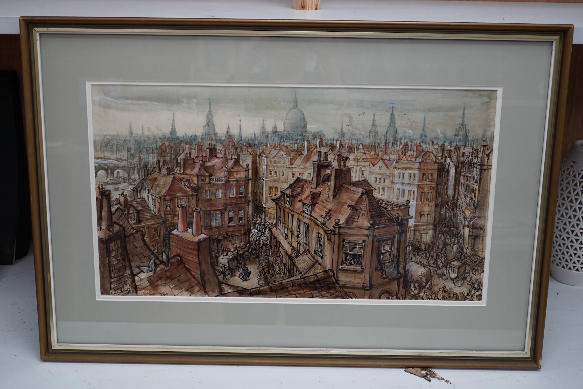 C. Walter Hodges (1909-2004), ink and watercolour illustration, 'Great Expectations’ (Pip in London), signed and inscribed, 29 x 55cm. Condition - good